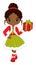 Beautiful Black Girl Holding Christmas Gift Box. Vector Christmas Girl