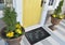 Beautiful Black Grey Bobblestone Welcome Entry Rubber Glitter door mat with yellow flowers and leaves