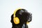 beautiful black labrador listening to music on yellow headset at home. Music and technology concept