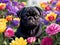 Beautiful black pug puppy in the middle of lots of colorful flowers