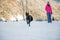 Beautiful black shepherd dog with three paws running towards the camera in a snowy nature