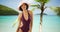Beautiful black tourist standing on caribbean beach.