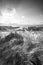 Beautiful black and white landscape image of Freshwater West beach with sand dunes on Pembrokeshire Coast in Wales