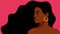 Beautiful black woman. Young african american. Portrait of young woman with beautiful face and hair. Side view. Isolated on a pink