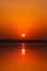 Beautiful blazing sunset landscape at the river Dnipro and orange sky above it with awesome sun golden reflection on calm water