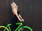 Beautiful blond girl in outfits posing with a fixed bicycle on the background of their old wooden boards on the