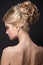 Beautiful blond girl with perfect skin, evening make-up, wedding hairstyle and accessories. Beauty face.