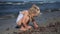 Beautiful blond girl playing with pebble stones on sea coastline. Sea waves
