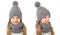 Beautiful blond girl in winter warm gray hat and scarf on white. Children winter clothes