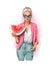 Beautiful blond hair woman holding watermelon slice. Fashion illustration