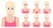 Beautiful blond model girl with different facial emotions and expressions set. Vector illustration.