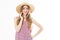 Beautiful blond woman in hat. summer fashion beauty model girl, vacation, copy space