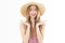 Beautiful blond woman in hat. summer fashion beauty model girl, vacation, copy space