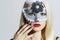 Beautiful Blond Woman in Mask.Young Girl with red lips.Manicure