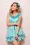 Beautiful blonde in blue dress,