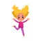 Beautiful Blonde Gir Happily Jumping, Cute Preschool Kid Having Fun, Celebrating Holiday Cartoon Style Vector