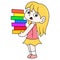 Beautiful blonde girl carrying piles of books welcoming back to school, doodle icon image kawaii