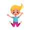 Beautiful Blonde Girl Happily Jumping, Cute Preschool Kid Having Fun, Doing Sports Cartoon Style Vector Illustration