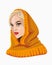 Beautiful blonde girl in a orange scarf.A very nice girl smiles and look askance.Orange Shawl. Emotion woman face