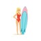 Beautiful blonde girl in red swimsuit standing on the beach with surfboard, water extreme sport, summer vacation vector