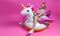 A beautiful blonde girl in a sexy sundress with slim legs in white sneakers sits on an inflatable multi-colored unicorn on a pink