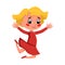 Beautiful Blonde Girl Wearing Red Dress Happily Jumping, Cute Preschool Kid Having Fun, Celebrating Holiday, Doing