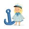 Beautiful blonde little girl character wearing a sailors costume standing next to a blue anchor colorful vector