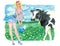Beautiful blonde pinup girl with bucket of milk against the grassland with cow