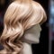 A beautiful blonde wig is put on a mannequin, close-up