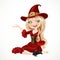 Beautiful blonde witch in maroon dress sitting on the floor