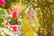 Beautiful blonde woman holding coffee cup in garden background. Happy young woman are preparing for autumn sunny day.