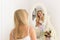 Beautiful Blonde Woman Looking In Mirror Brush Hair, Young Girl Morning Happy Smiling