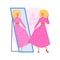 Beautiful blonde woman in pink dress posing, enjoying her reflection in the mirror, Love yourself motivational vector