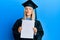 Beautiful blonde woman wearing graduation cap and ceremony robe holding blank banner looking at the camera blowing a kiss being