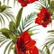 Beautiful blooming seamless pattern with red Lilies flowers and tropical palm leaves.