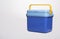 Beautiful blue cooler with a. yelllow handle on