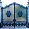 Beautiful blue decorative classic automatic metal gates. Wrought iron gates made of cast metal. Decor of the fence and house