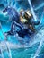 A beautiful blue-eyed cavalryman girl in golden plate armor rides a water horse riding a magic lance into battle on huge sea waves