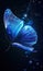 beautiful blue glowing butterfly at black background, colorful light fantasy illustration