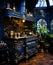 A beautiful blue and gold kitchen. A blue and gold kitchen with potted plants