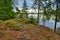 Beautiful blue lake and pine forest, Park Mon Repos, Vyborg, Russia