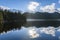 Beautiful blue lake with surrounding mountains reflecting back