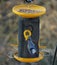 A beautiful blue nuthatch eating seeds on the bird feeder