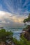 Beautiful blue ocean picture with interesting clouds in a Spanish coastal, in Costa Brava, near the town Palamos