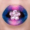 Beautiful blue and pink lips with sparkles. Pink blue lipstick. Gemstone in shape of flower, open mouth. Lip art