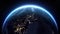 Beautiful Blue Planet. Sunrise Over the Rotating Earth. Night Cities Illustration. Skyline 3d Animation View from Space