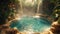 A beautiful blue pool surrounded by lush green trees and waterfalls, AI