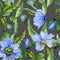 Beautiful blue poppy flowers with green leaves on dark gray background. Seamless floral pattern. Watercolor painting.