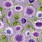 Beautiful blue and purple daisy flowers with closed buds and leaves on light lilac background. Seamless spring pattern.