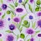 Beautiful blue and purple daisy flowers with green leaves on light background. Seamless spring pattern. Watercolor painting.